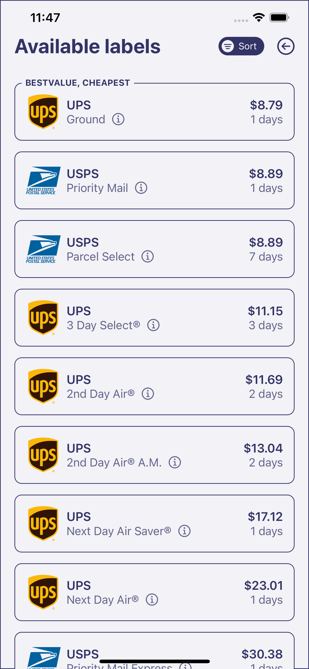 ShipWiz Rates Selection View
