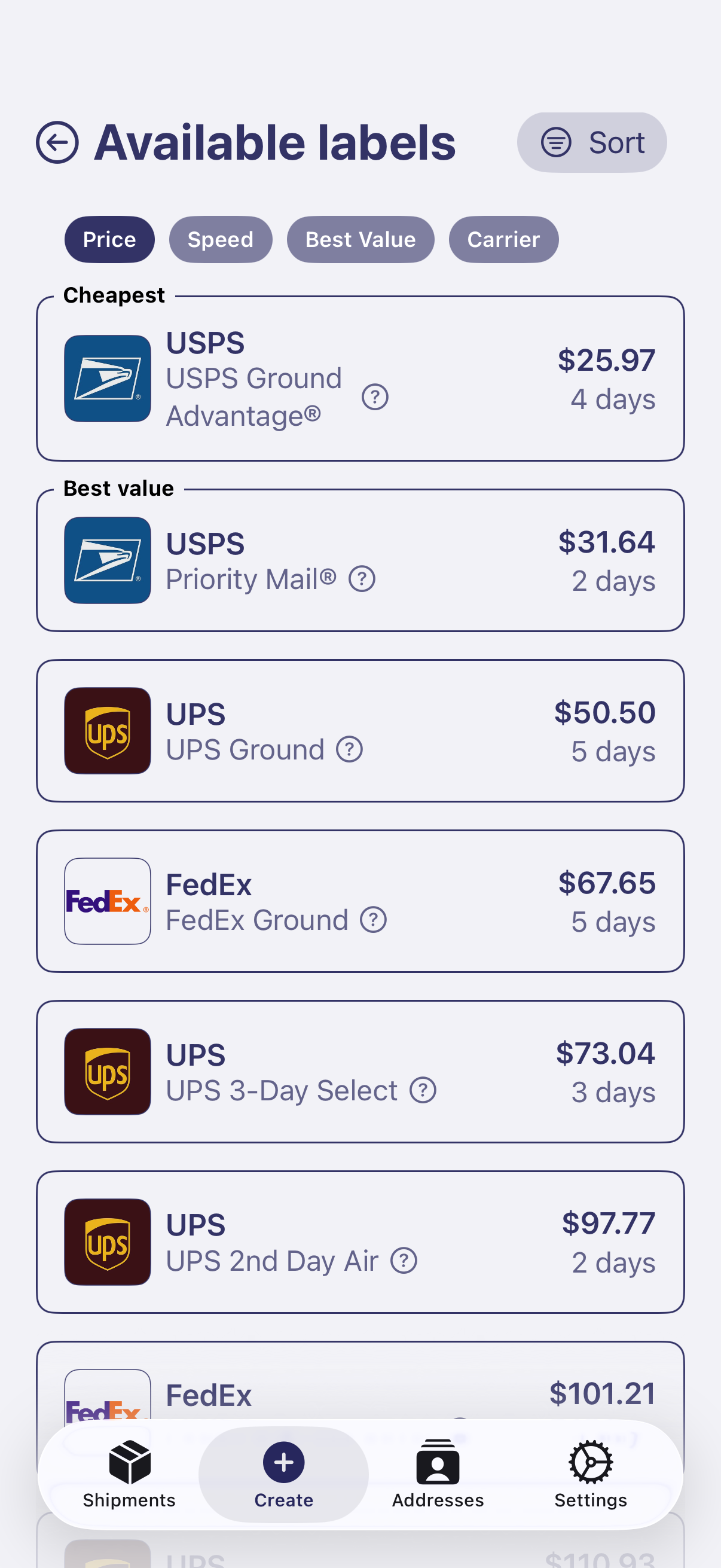 ShipWiz Available Labels rate comparison screen